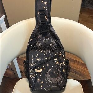 Celestial Moon & Stars Sling Backpack - Black with Cream Print